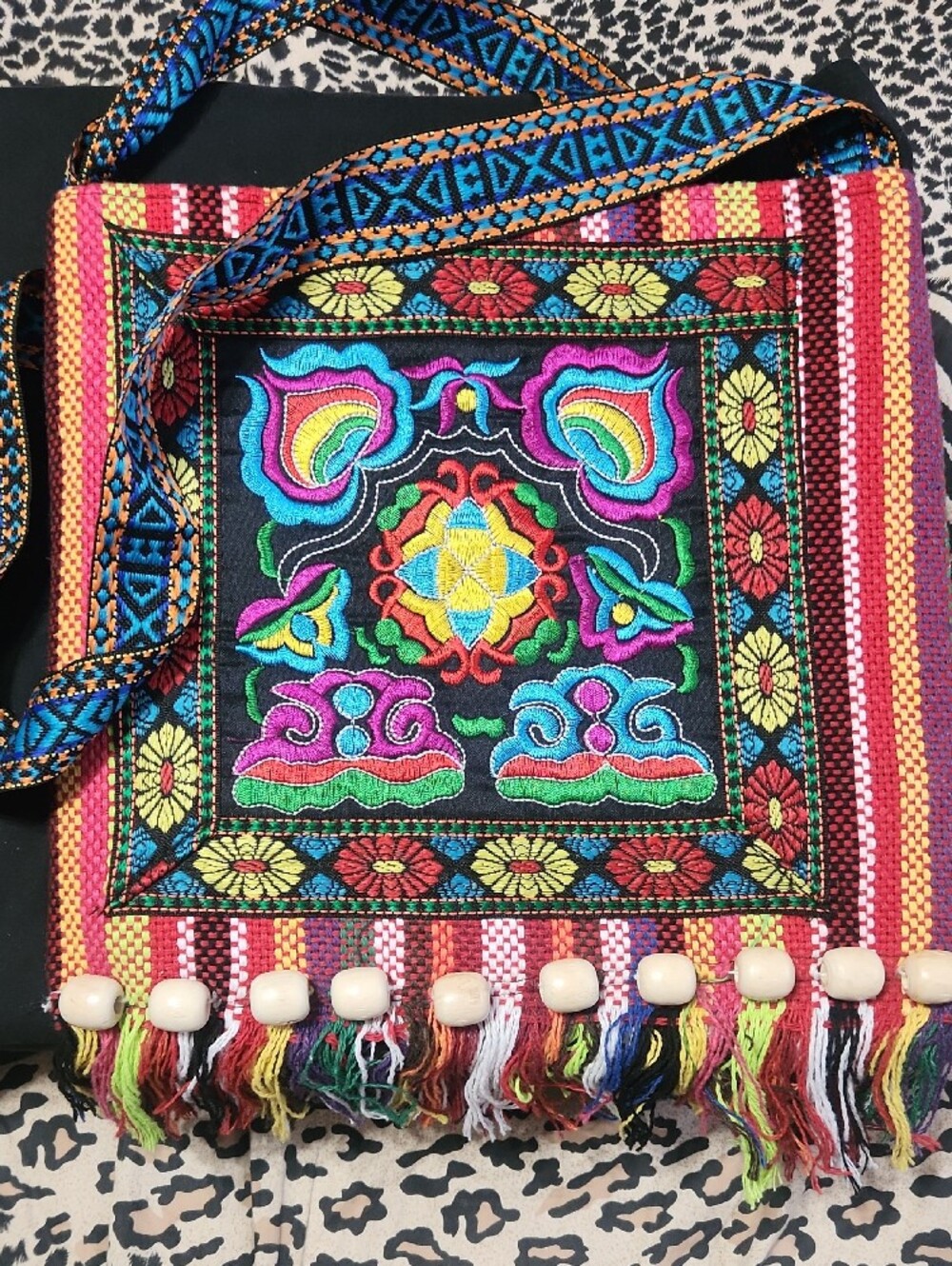 Boho Multicolor Embroidered Crossbody Bag with Fringe - Picture 5 of 7